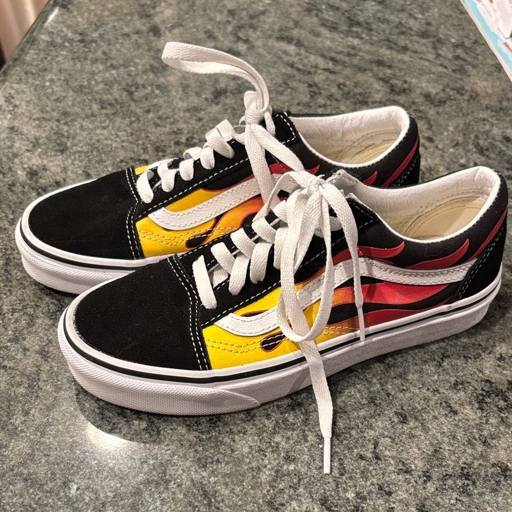 Vans Black and Yellow Flame Design Shoes - Picture 2 of 6